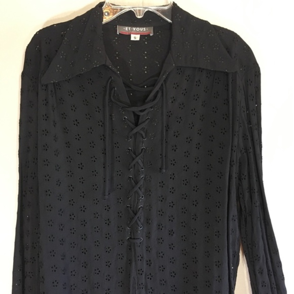 Vintage Eyelet Blouse Laceup Front Tie Lace Tunic Cutouts Floral Long Sleeve Top
